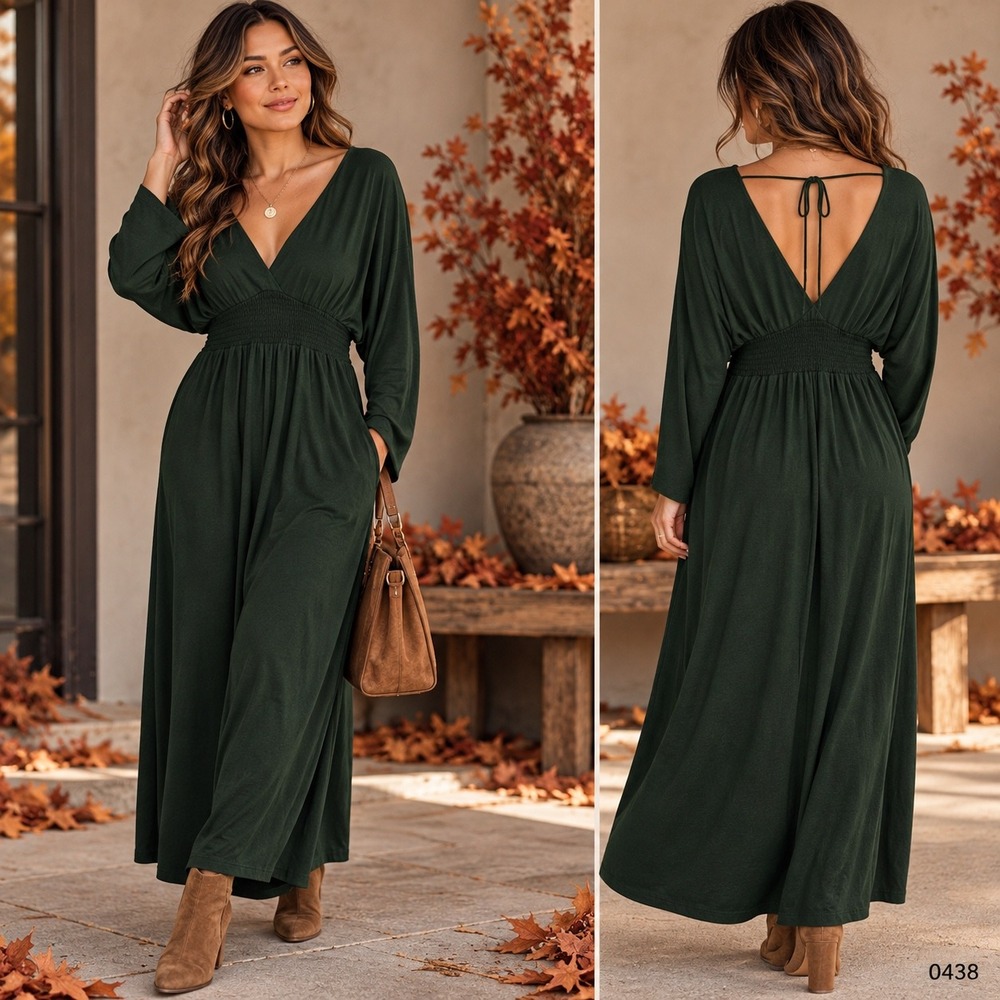 Old Navy Women XL Dark Bottle Green V-Neck Long Sleeve Wide Leg Jumpsuit 0438
